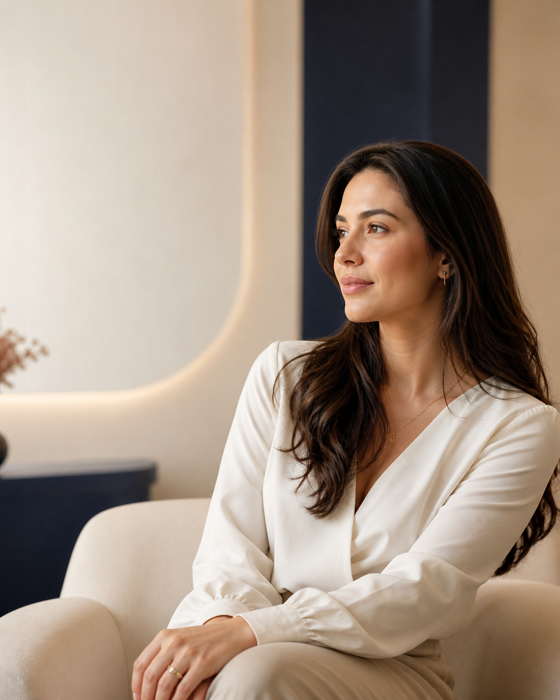 Mulher adulta em ambiente acolhedor de consulta